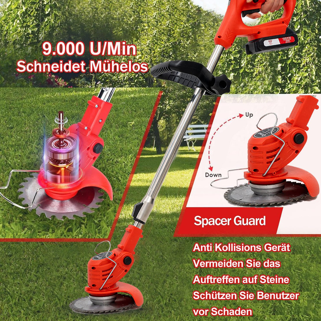 OUTIGO Akku-Rasentrimmer mit 2 Akkus 21 V und 4 Messertypen + 1 Gartenschere, verstellbare Teleskopführungsschiene