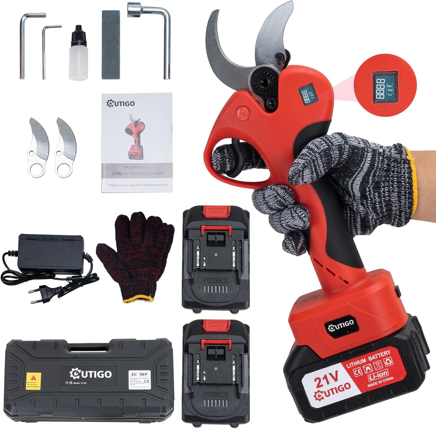 Professionelle elektrische Gartenschere, 40 mm Akku Grtenschere, 2 x 3000 mAh Lithium-Akku, 6-8 Arbeitsstunden, Astschere, Rebschere, Baumschere, Rosenschere