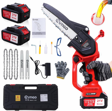 OUTIGO Mini Chainsaw, 8-inch Mini Chainsaw Cordless,2*4000mah battery,with 4 chains and 3 blades, Handheld Electric Power Chain Saw with 2 Batteries, for Tree Trimming Wood Cutting, The Perfect Gift Choice for Family and Friends