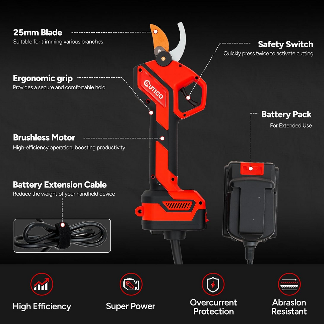 Professional Cordless Electric Pruning Shears,with 2 Rechargeable 1.5Ah Battery,25mm Cutting Diameter,Brushless Motor Pruning Shears for pruning fruit trees, grapevines, olive trees, and garden plants.
