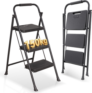 OUTIGO Step Ladder, Foldable Step Stool for Adults with Wide Anti-Slip Pedal, Lightweight 3-Step Ladder for Home Use, Foldable