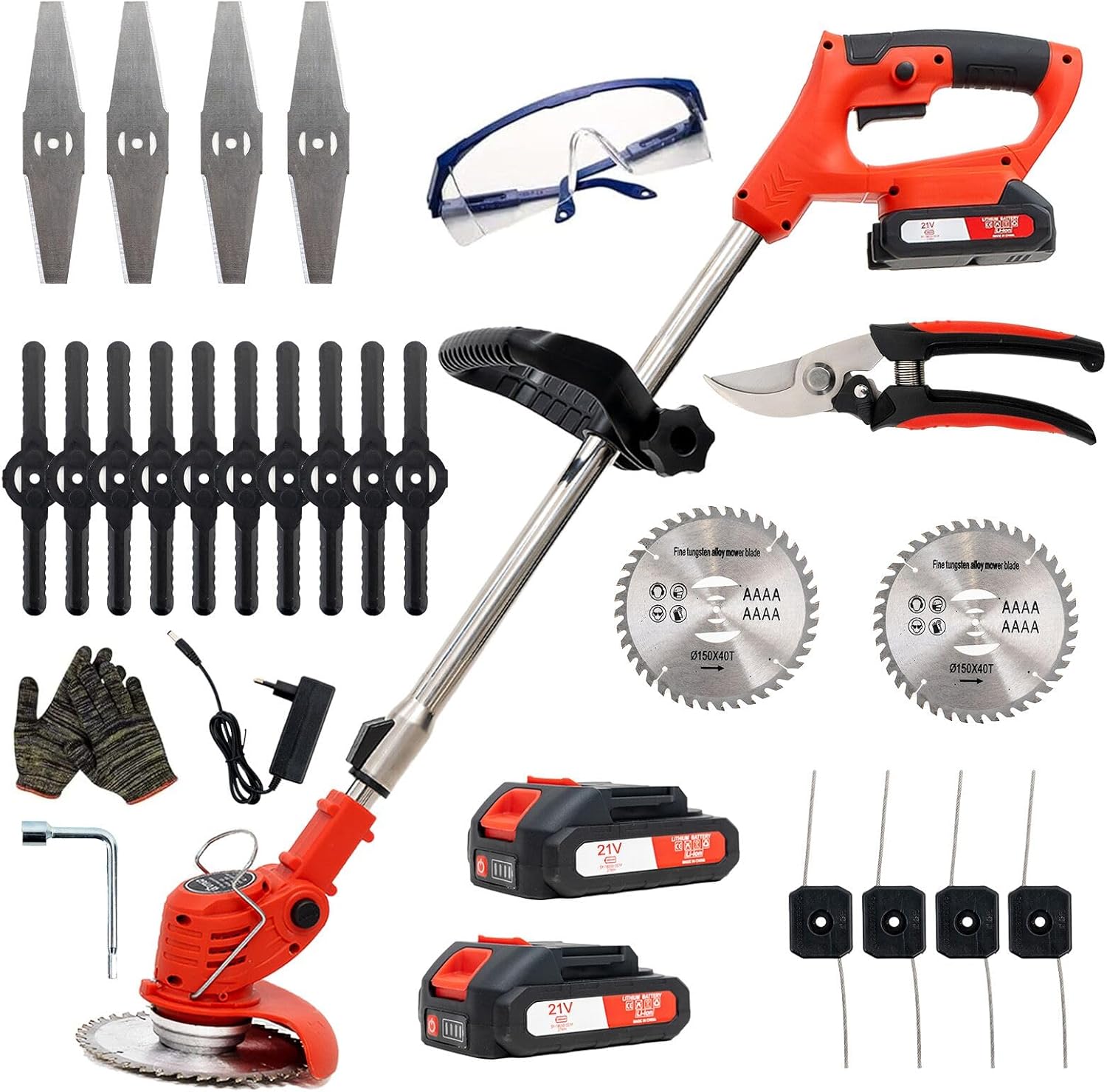 OUTIGO cordless lawn trimmer with 2 batteries 21 V and 4 blade types + 1 garden shears, adjustable telescopic guide rail