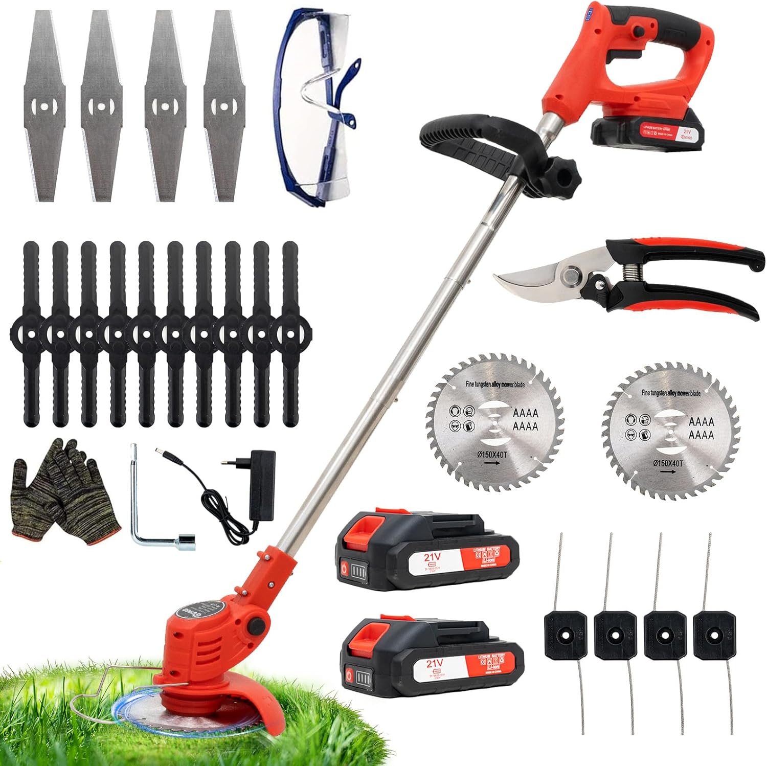 Battery Lawn Trimmer Cordless Lawnmower, 2 Batteries 21 V and 4 Blade Types, Battery Brush Cutter, Electric Electric Trimmer, Garden Edging Cutter for Garden