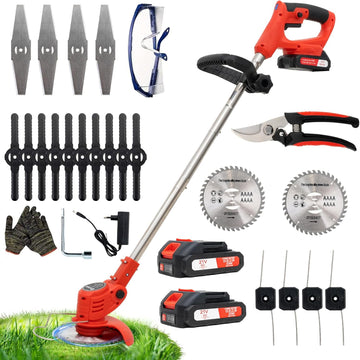 Battery Lawn Trimmer Cordless Lawnmower, 2 Batteries 21 V and 4 Blade Types, Battery Brush Cutter, Electric Electric Trimmer, Garden Edging Cutter for Garden