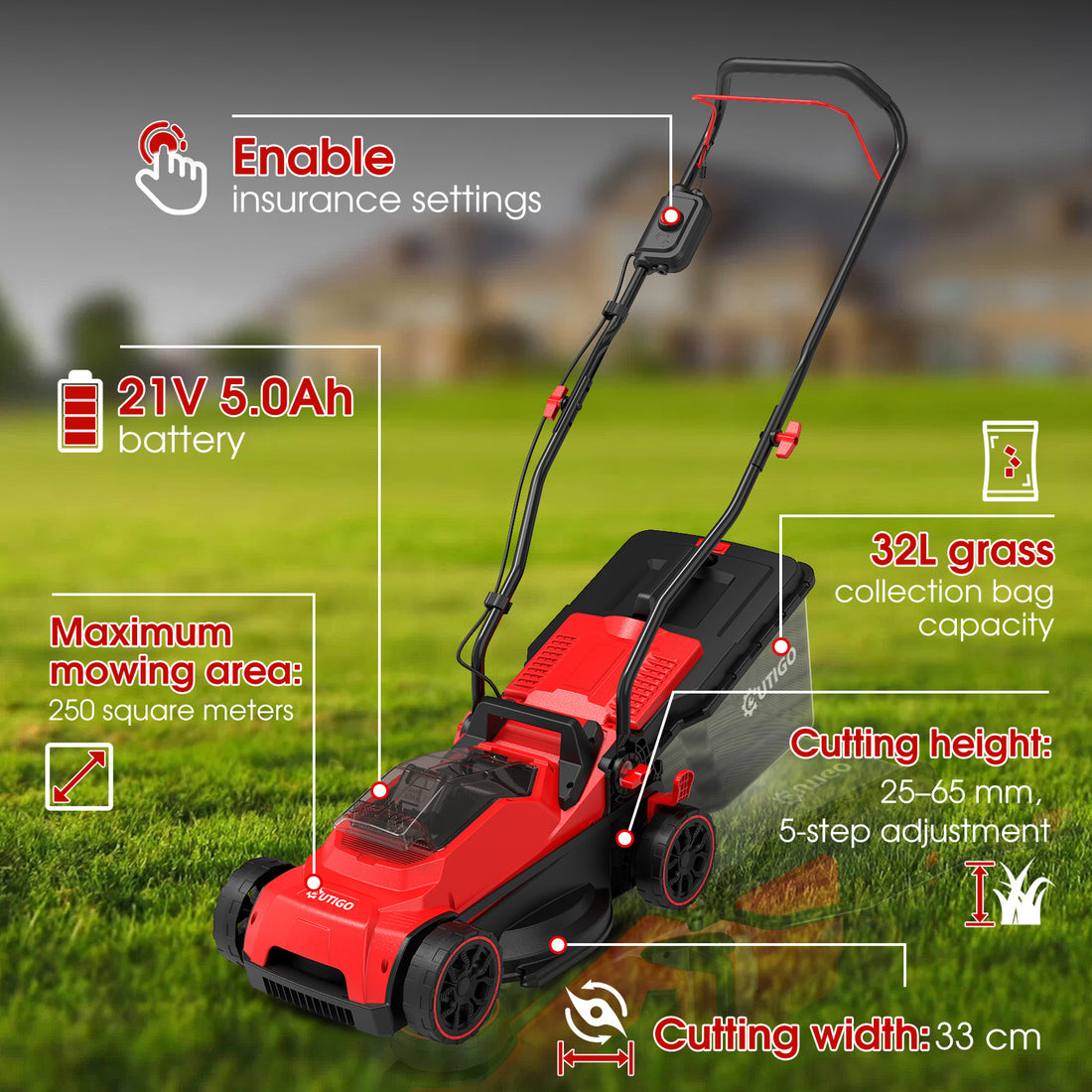 OUTIGO Akku-Rasenmäher 21 V, 33 cm Schnittbreite, bis 250 m², 32L Fangkorb, 25-65 mm Schnitthöhe, Mulchfunktion, inkl. 5,0 Ah Akku