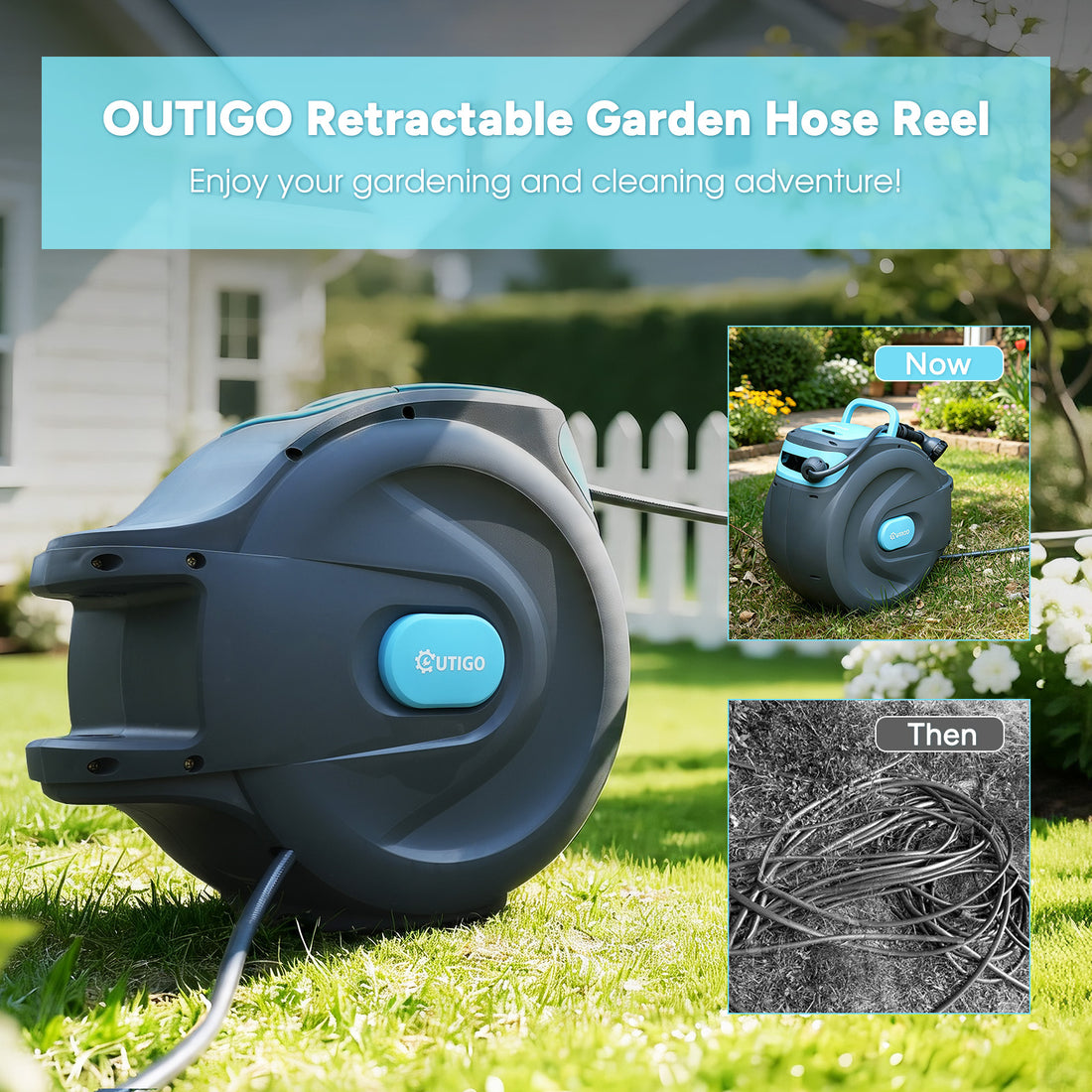 OUTIGO Automatic Garden Hose Reel 25m, 180° Swivel Wall-Mounted Hose Reel with Carry Handle, Auto Rewind Water Hose Reel with 8-Pattern Spray Nozzle for Garden Watering and Car Washing